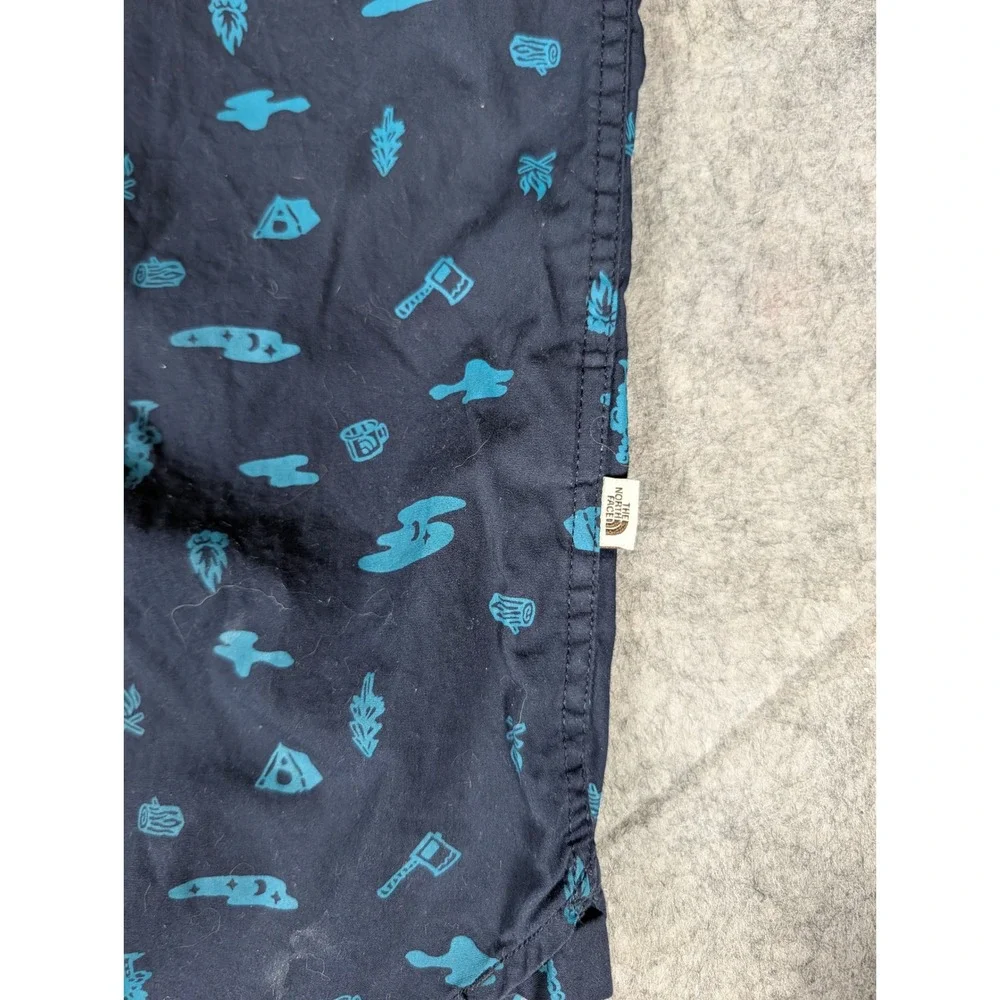 The North Face Mens Short Sleeve Button Down Camping Print Shirt Navy Teal M